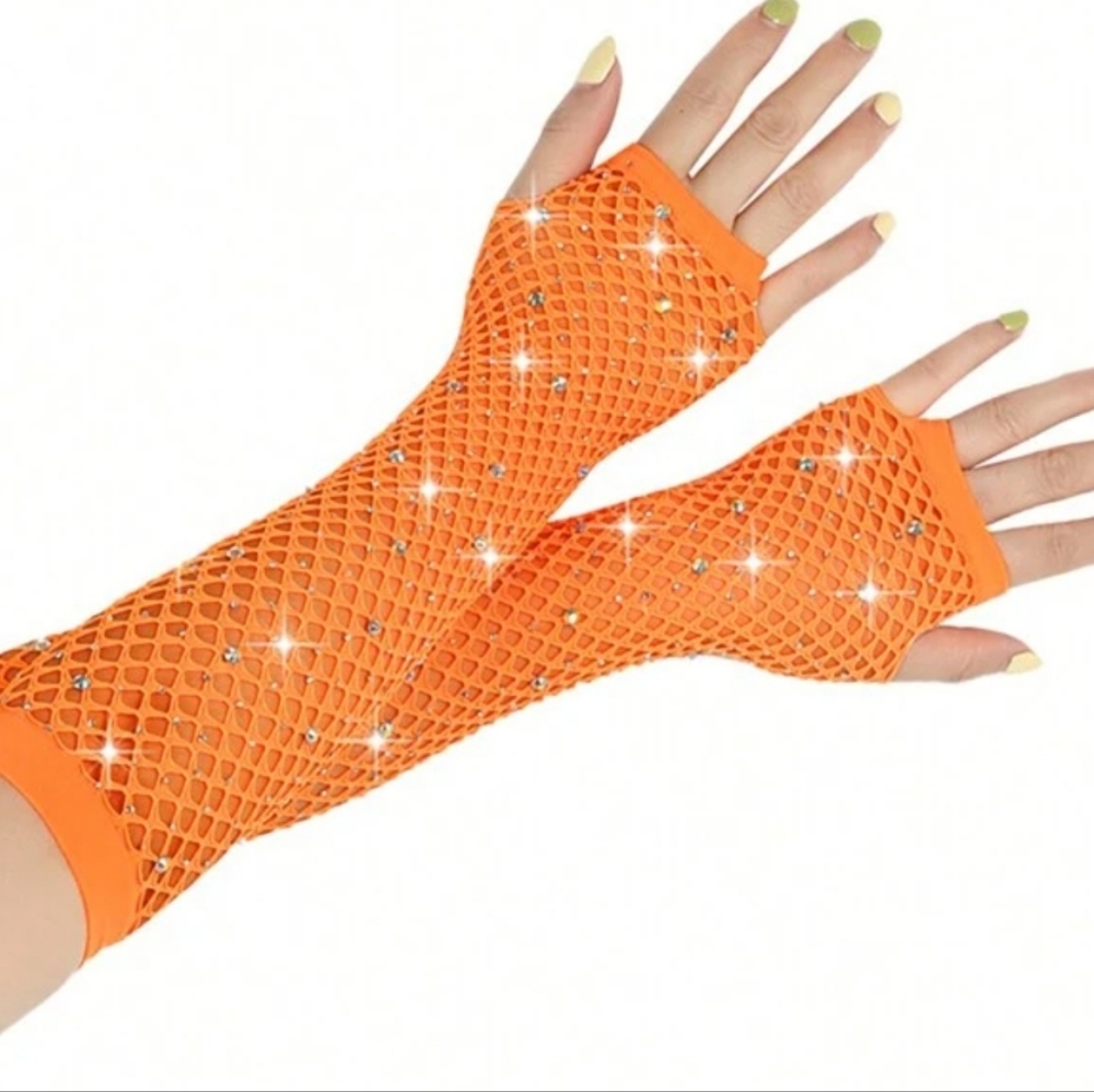 NWT Orange Rhinestone Fishnet Fingerless Gloves